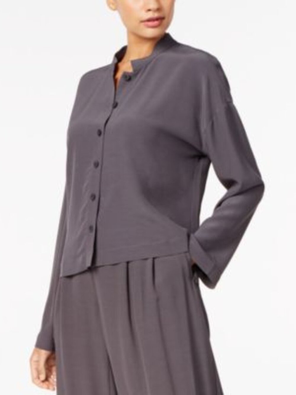Eileen Fisher Tencel Blend Mandarin Collar Long Sleeve Top Graphite Size Large